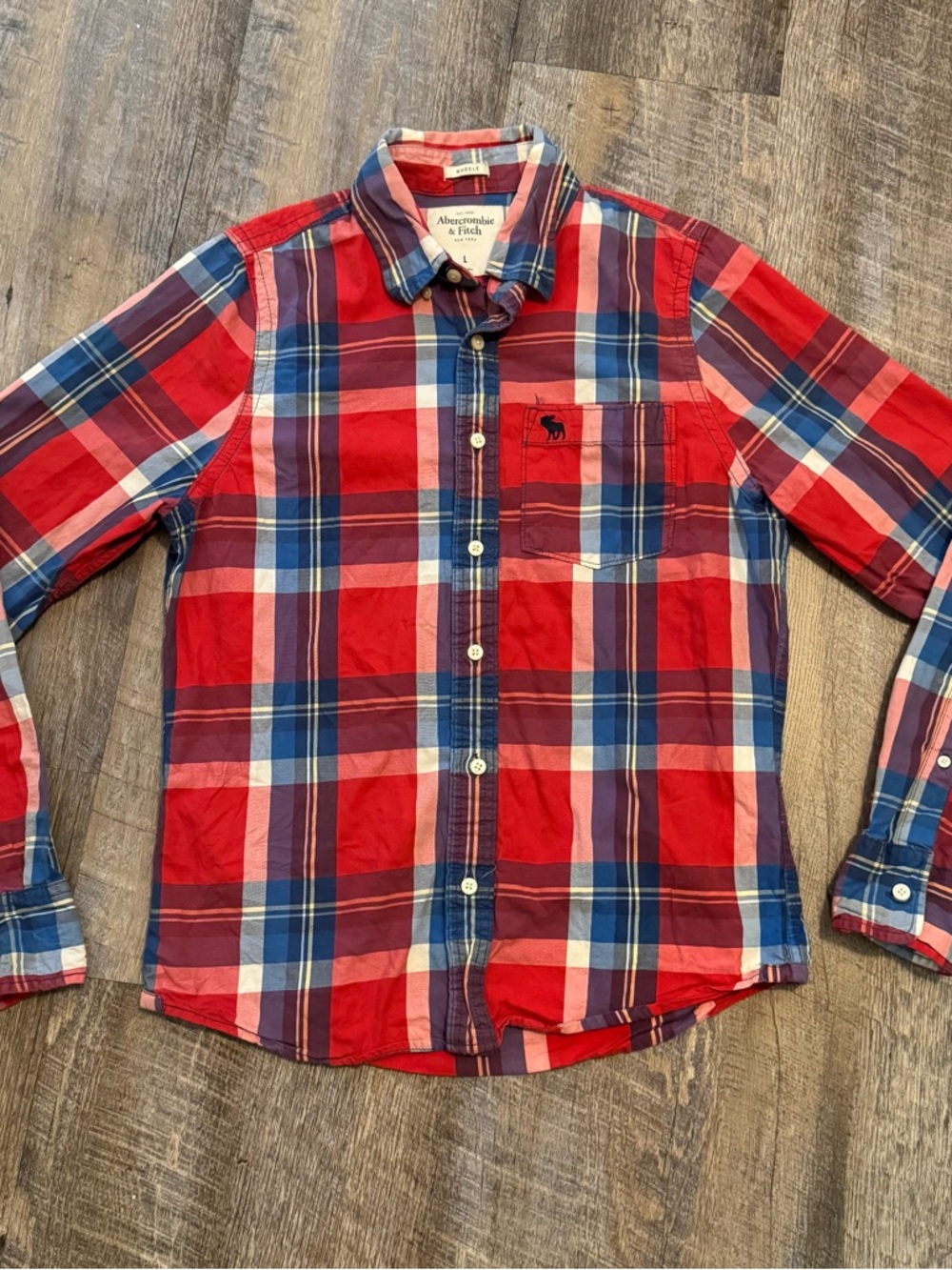 Abercrombie & Fitch Button Down Shirt Men's Large Muscle Fit Red/Blue Plaid